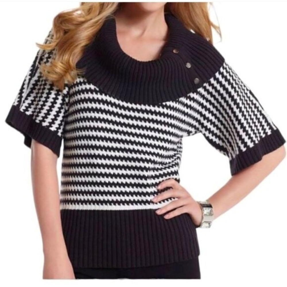 White House Black Market Womens Sweater Size M Striped‎ Cowl Neck Short Sleeve